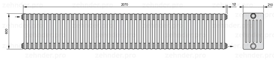 Схема (чертеж) Радиатор Zehnder Charleston 6060/45 №1670 Белый глянцевый RAL 9016